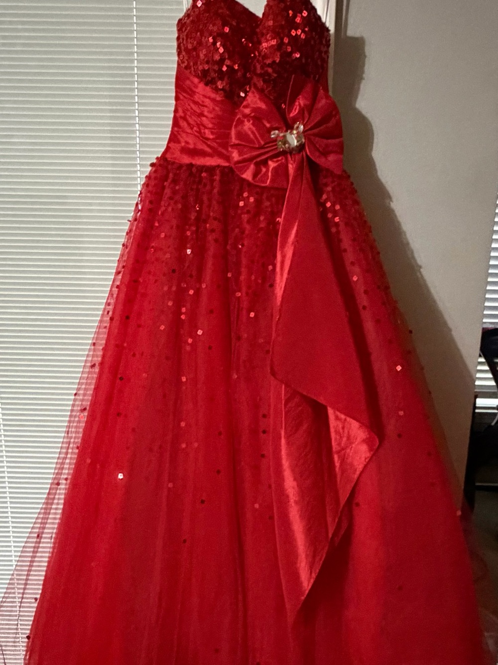 Studio Red Sequin Tulle Formal Flower Girl Dress with Bow Accent